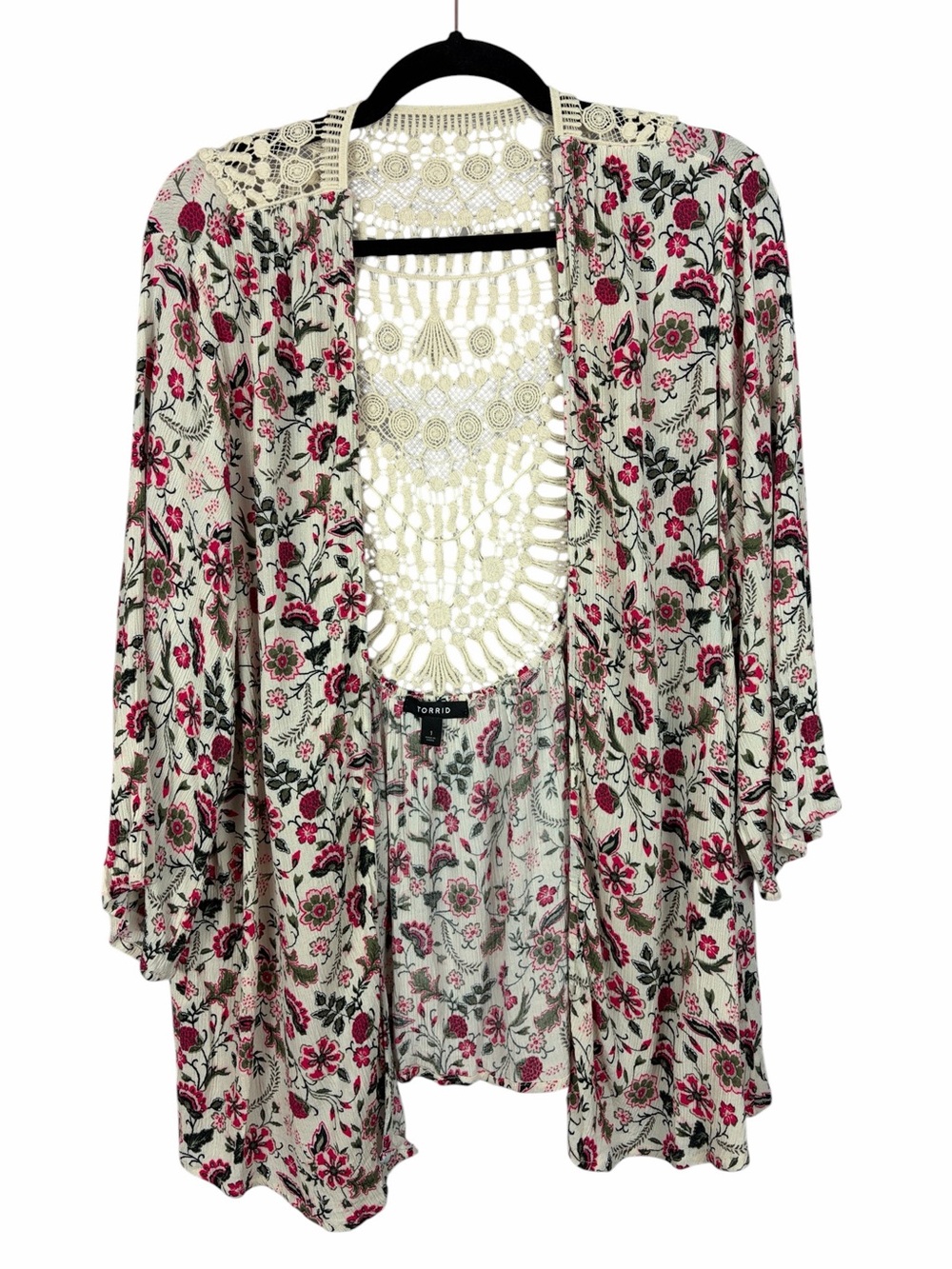Torrid Floral Crochet Back Kimono Cardigan Size 1X Boho Open Front